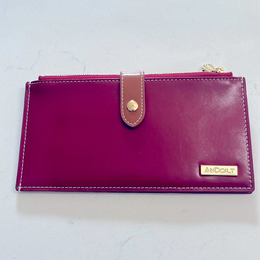 Andoilt Genuine  Red Leather Wallet RFID Blocking Credit Card Holder Zipper